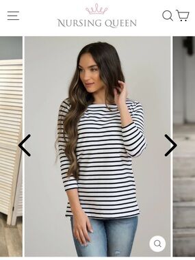 Nursing Queen STRIPED NURSING TOP - 3/4 SLEEVES WITH HIDDEN ZIPPER- BLACK/WHITE